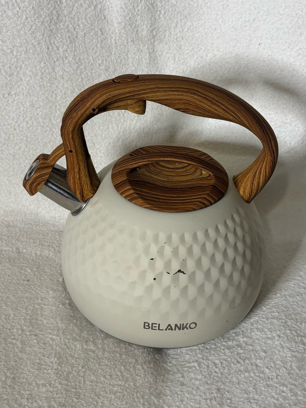 Belanko White & Wood-Accent Whistling Tea Kettle stainless steel see details